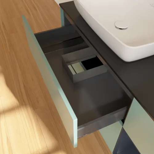 VILLEROY BOCH Toaletní skříňka Finion, s osvětlením, 3 výsuvy, 1200 x 603 x 501 mm, olivový matný lak / půlnoční modrý matný lak / černé matné sklo #F812HGGM, obrázek 8
