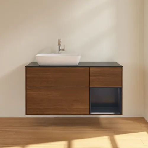 VILLEROY BOCH Toaletní skříňka Finion, s osvětlením, 3 výsuvy, 1200 x 603 x 501 mm, ořechová dýha / půlnočně modrý matný lak / černé matné sklo #F812HGGN, obrázek 3