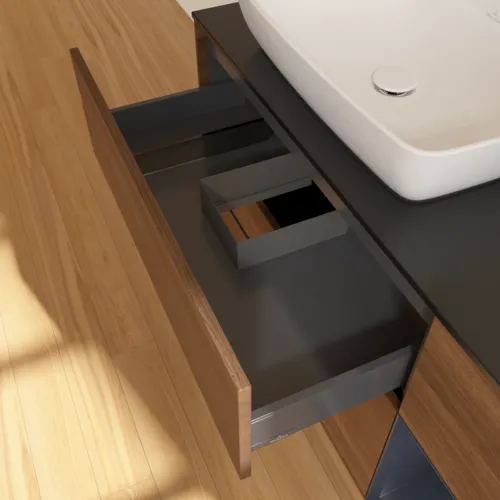 VILLEROY BOCH Toaletní skříňka Finion, s osvětlením, 3 výsuvy, 1200 x 603 x 501 mm, ořechová dýha / půlnočně modrý matný lak / černé matné sklo #F812HGGN, obrázek 8