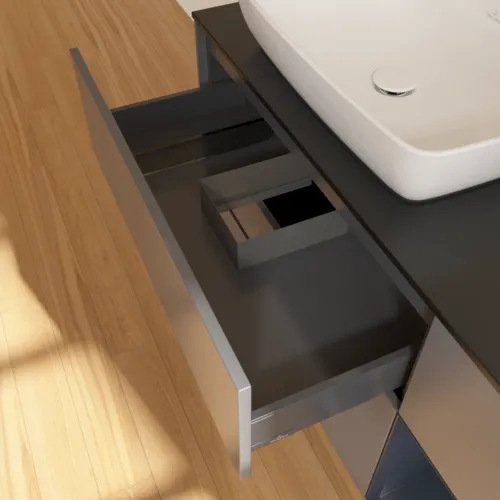 VILLEROY BOCH Toaletní skříňka Finion, s osvětlením, 3 výsuvy, 1200 x 603 x 501 mm, antracitový matný lak / půlnoční modrý matný lak / černé matné sklo #F812HGGK, obrázek 8