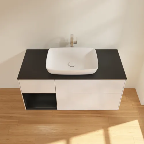 VILLEROY BOCH Toaletní skříňka Finion, s osvětlením, 3 výsuvy, 1200 x 603 x 501 mm, lesklý bílý lak / černý matný lak / černé matné sklo #F822PDGF, obrázek 4
