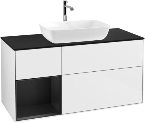 VILLEROY BOCH Toaletní skříňka Finion, s osvětlením, 3 výsuvy, 1200 x 603 x 501 mm, lesklý bílý lak / černý matný lak / černé matné sklo #F822PDGF