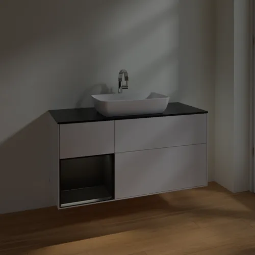 VILLEROY BOCH Toaletní skříňka Finion, s osvětlením, 3 výsuvy, 1200 x 603 x 501 mm, lesklý bílý lak / černý matný lak / černé matné sklo #F822PDGF, obrázek 5