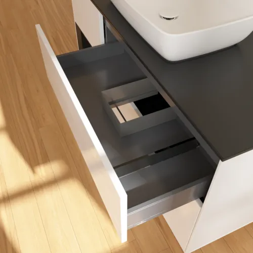 VILLEROY BOCH Toaletní skříňka Finion, s osvětlením, 3 výsuvy, 1200 x 603 x 501 mm, lesklý bílý lak / černý matný lak / černé matné sklo #F822PDGF, obrázek 8