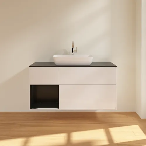 VILLEROY BOCH Toaletní skříňka Finion, s osvětlením, 3 výsuvy, 1200 x 603 x 501 mm, lesklý bílý lak / černý matný lak / černé matné sklo #F822PDGF, obrázek 3