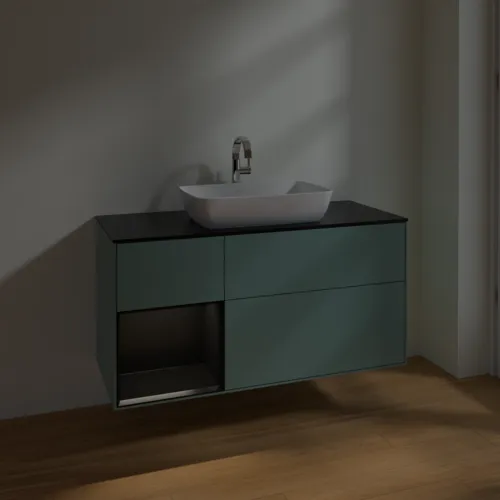 VILLEROY BOCH Toaletní skříňka Finion, s osvětlením, 3 výsuvy, 1200 x 603 x 501 mm, olivový matný lak / černý matný lak / černé matné sklo #F822PDGM, obrázek 5
