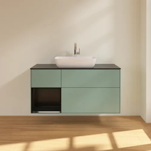 VILLEROY BOCH Toaletní skříňka Finion, s osvětlením, 3 výsuvy, 1200 x 603 x 501 mm, olivový matný lak / černý matný lak / černé matné sklo #F822PDGM, obrázek 3