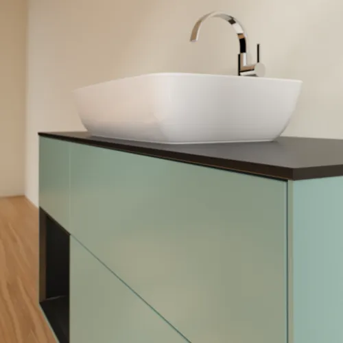 VILLEROY BOCH Toaletní skříňka Finion, s osvětlením, 3 výsuvy, 1200 x 603 x 501 mm, olivový matný lak / černý matný lak / černé matné sklo #F822PDGM, obrázek 6