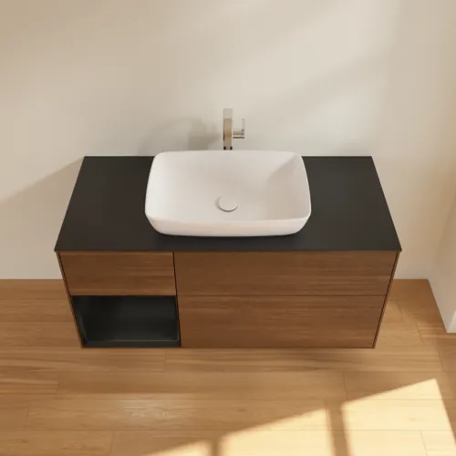 VILLEROY BOCH Toaletní skříňka Finion, s osvětlením, 3 výsuvy, 1200 x 603 x 501 mm, ořechová dýha / černý matný lak / černé matné sklo #F822PDGN, obrázek 4
