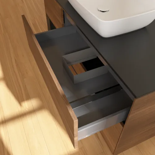 VILLEROY BOCH Toaletní skříňka Finion, s osvětlením, 3 výsuvy, 1200 x 603 x 501 mm, ořechová dýha / černý matný lak / černé matné sklo #F822PDGN, obrázek 8