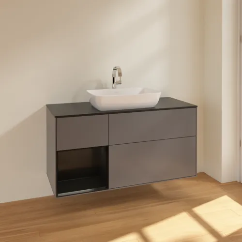 VILLEROY BOCH Toaletní skříňka Finion, s osvětlením, 3 výsuvy, 1200 x 603 x 501 mm, antracitový matný lak / černý matný lak / černé matné sklo #F822PDGK, obrázek 2