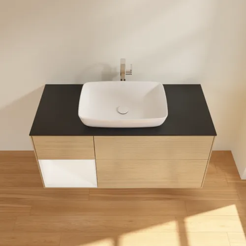 VILLEROY BOCH Toaletní skříňka Finion, s osvětlením, 3 výsuvy, 1200 x 603 x 501 mm, dubová dýha / bílý matný lak / černé matné sklo #F822MTPC, obrázek 4