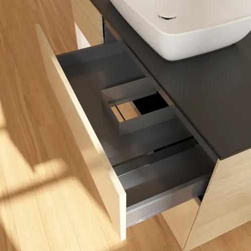 VILLEROY BOCH Toaletní skříňka Finion, s osvětlením, 3 výsuvy, 1200 x 603 x 501 mm, dubová dýha / bílý matný lak / černé matné sklo #F822MTPC, obrázek 8