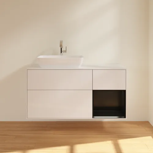 VILLEROY BOCH Toaletní skříňka Finion, s osvětlením, 3 výsuvy, 1200 x 603 x 501 mm, lesklý bílý lak / černý matný lak / sklo bílé matné #F811PDGF, obrázek 3
