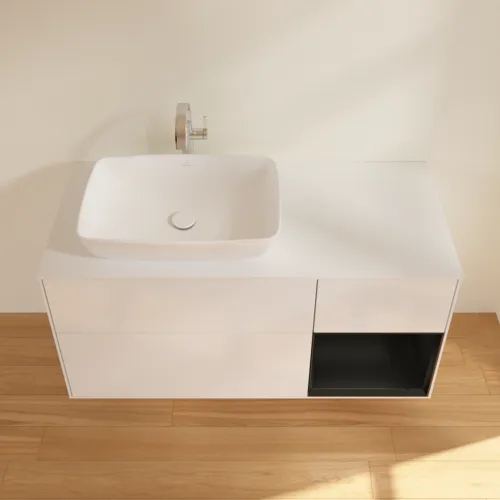 VILLEROY BOCH Toaletní skříňka Finion, s osvětlením, 3 výsuvy, 1200 x 603 x 501 mm, lesklý bílý lak / černý matný lak / sklo bílé matné #F811PDGF, obrázek 4
