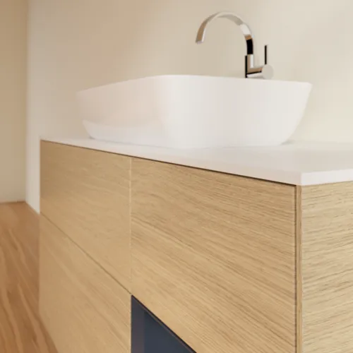 VILLEROY BOCH Toaletní skříňka Finion, s osvětlením, 3 výsuvy, 1200 x 603 x 501 mm, dubová dýha / půlnočně modrý matný lak / bílé matné sklo #F831HGPC, obrázek 6