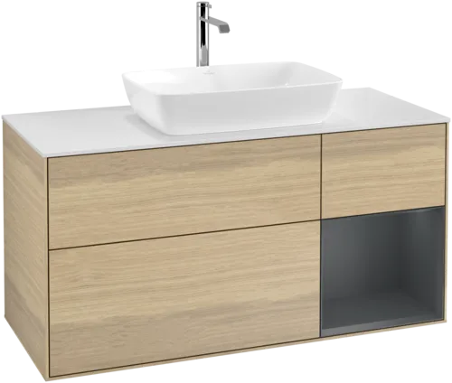 VILLEROY BOCH Toaletní skříňka Finion, s osvětlením, 3 výsuvy, 1200 x 603 x 501 mm, dubová dýha / půlnočně modrý matný lak / bílé matné sklo #F831HGPC