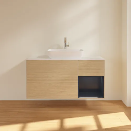 VILLEROY BOCH Toaletní skříňka Finion, s osvětlením, 3 výsuvy, 1200 x 603 x 501 mm, dubová dýha / půlnočně modrý matný lak / bílé matné sklo #F831HGPC, obrázek 3