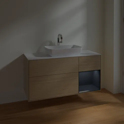 VILLEROY BOCH Toaletní skříňka Finion, s osvětlením, 3 výsuvy, 1200 x 603 x 501 mm, dubová dýha / půlnočně modrý matný lak / bílé matné sklo #F831HGPC, obrázek 5