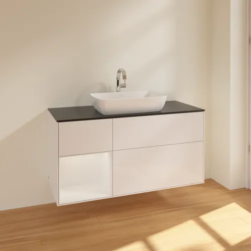 VILLEROY BOCH Toaletní skříňka Finion, s osvětlením, 3 výsuvy, 1200 x 603 x 501 mm, lesklý bílý lak / lesklý bílý lak / sklo černé matné #F822GFGF, obrázek 2