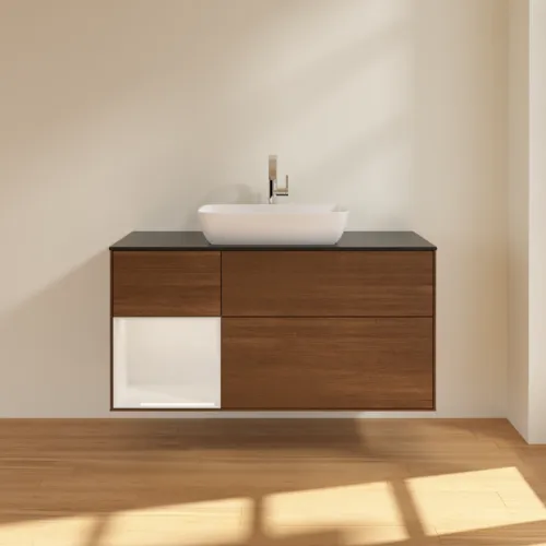 VILLEROY BOCH Toaletní skříňka Finion, s osvětlením, 3 výsuvy, 1200 x 603 x 501 mm, ořechová dýha / lesklý bílý lak / sklo černé matné #F822GFGN, obrázek 3