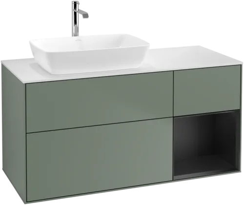 VILLEROY BOCH Toaletní skříňka Finion, s osvětlením, 3 výsuvy, 1200 x 603 x 501 mm, olivový matný lak / černý matný lak / bílé matné sklo #F811PDGM, obrázek 1
