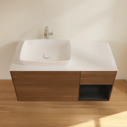 VILLEROY BOCH Toaletní skříňka Finion, s osvětlením, 3 výsuvy, 1200 x 603 x 501 mm, ořechová dýha / černý matný lak / sklo bílé matné #F811PDGN, obrázek 4