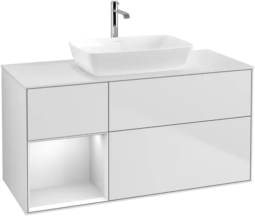 VILLEROY BOCH Toaletní skříňka Finion, s osvětlením, 3 výsuvy, 1200 x 603 x 501 mm, bílý matný lak / bílý matný lak / sklo bílé matné #F821MTMT