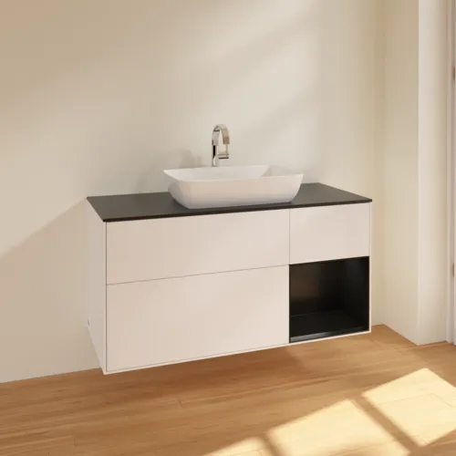 VILLEROY BOCH Toaletní skříňka Finion, s osvětlením, 3 výsuvy, 1200 x 603 x 501 mm, bílý matný lak / černý matný lak / černé matné sklo #F832PDMT, obrázek 2