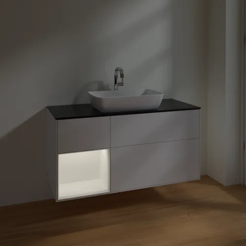 VILLEROY BOCH Toaletní skříňka Finion, s osvětlením, 3 výsuvy, 1200 x 603 x 501 mm, bílý matný lak / bílý matný lak / černé matné sklo #F822MTMT, obrázek 5