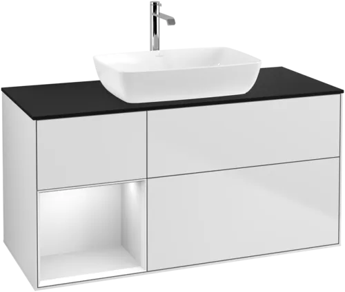 VILLEROY BOCH Toaletní skříňka Finion, s osvětlením, 3 výsuvy, 1200 x 603 x 501 mm, bílý matný lak / bílý matný lak / černé matné sklo #F822MTMT