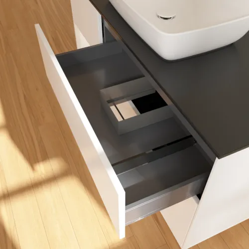 VILLEROY BOCH Toaletní skříňka Finion, s osvětlením, 3 výsuvy, 1200 x 603 x 501 mm, bílý matný lak / bílý matný lak / černé matné sklo #F822MTMT, obrázek 8