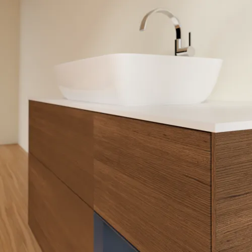 VILLEROY BOCH Toaletní skříňka Finion, s osvětlením, 3 výsuvy, 1200 x 603 x 501 mm, ořechová dýha / půlnočně modrý matný lak / sklo bílé matné #F831HGGN, obrázek 6