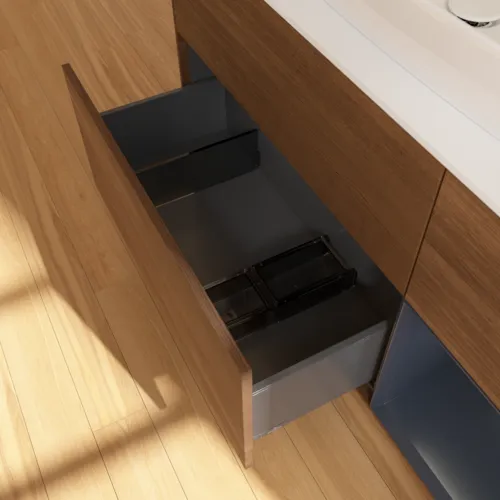 VILLEROY BOCH Toaletní skříňka Finion, s osvětlením, 3 výsuvy, 1200 x 603 x 501 mm, ořechová dýha / půlnočně modrý matný lak / sklo bílé matné #F831HGGN, obrázek 7