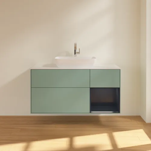 VILLEROY BOCH Toaletní skříňka Finion, s osvětlením, 3 výsuvy, 1200 x 603 x 501 mm, olivový matný lak / půlnoční modrý matný lak / bílé matné sklo #F831HGGM, obrázek 3