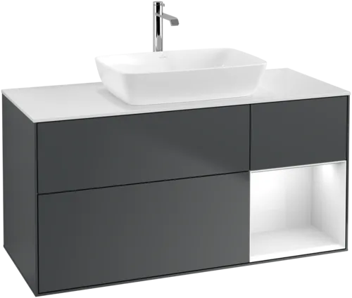 VILLEROY BOCH Toaletní skříňka Finion, s osvětlením, 3 výsuvy, 1200 x 603 x 501 mm, Midnight Blue Matt Lacquer / Glossy White Lacquer / Glass White Matt #F831GFHG, obrázek 1