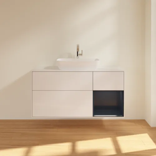 VILLEROY BOCH Toaletní skříňka Finion, s osvětlením, 3 výsuvy, 1200 x 603 x 501 mm, lesklý bílý lak / půlnoční modrý matný lak / bílé matné sklo #F831HGGF, obrázek 3