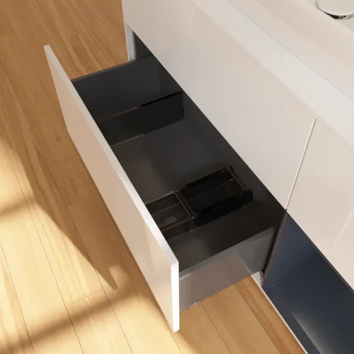 VILLEROY BOCH Toaletní skříňka Finion, s osvětlením, 3 výsuvy, 1200 x 603 x 501 mm, lesklý bílý lak / půlnoční modrý matný lak / bílé matné sklo #F831HGGF, obrázek 7