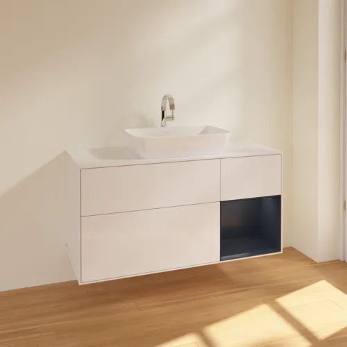 VILLEROY BOCH Toaletní skříňka Finion, s osvětlením, 3 výsuvy, 1200 x 603 x 501 mm, lesklý bílý lak / půlnoční modrý matný lak / bílé matné sklo #F831HGGF, obrázek 2