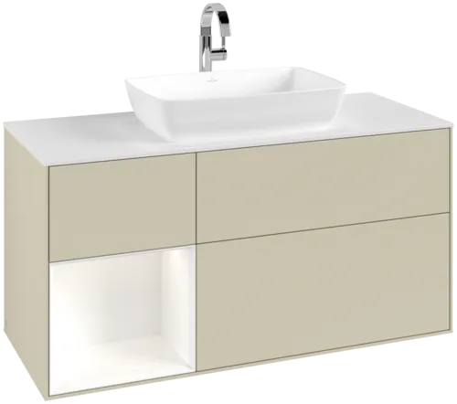 VILLEROY BOCH Toaletní skříňka Finion, s osvětlením, 3 výsuvy, 1200 x 603 x 501 mm, Silk Grey Matt Lacquer / White Matt Lacquer / Glass White Matt #F821MTHJ