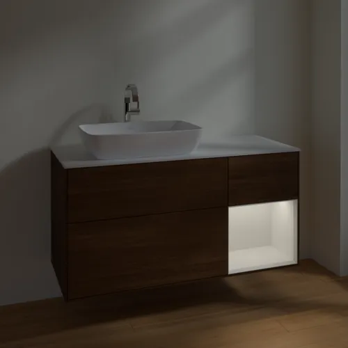 VILLEROY BOCH Toaletní skříňka Finion, s osvětlením, 3 výsuvy, 1200 x 603 x 501 mm, ořechová dýha / lesklý bílý lak / sklo bílé matné #F811GFGN, obrázek 5
