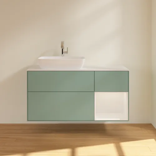 VILLEROY BOCH Toaletní skříňka Finion, s osvětlením, 3 výsuvy, 1200 x 603 x 501 mm, olivově matný lak / lesklý bílý lak / sklo bílé matné #F811GFGM, obrázek 3
