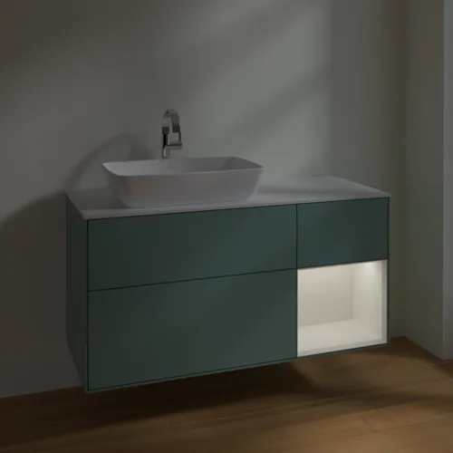 VILLEROY BOCH Toaletní skříňka Finion, s osvětlením, 3 výsuvy, 1200 x 603 x 501 mm, olivově matný lak / lesklý bílý lak / sklo bílé matné #F811GFGM, obrázek 5