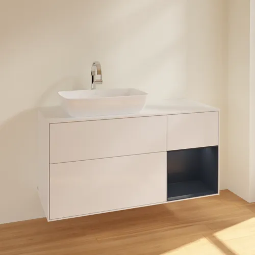 VILLEROY BOCH Toaletní skříňka Finion, s osvětlením, 3 výsuvy, 1200 x 603 x 501 mm, lesklý bílý lak / půlnoční modrý matný lak / bílé matné sklo #F811HGGF, obrázek 2