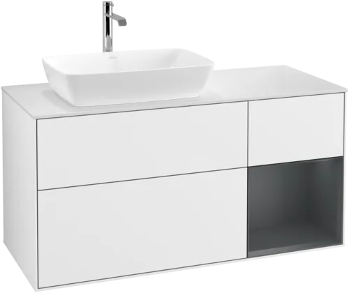 VILLEROY BOCH Toaletní skříňka Finion, s osvětlením, 3 výsuvy, 1200 x 603 x 501 mm, lesklý bílý lak / půlnoční modrý matný lak / bílé matné sklo #F811HGGF, obrázek 1
