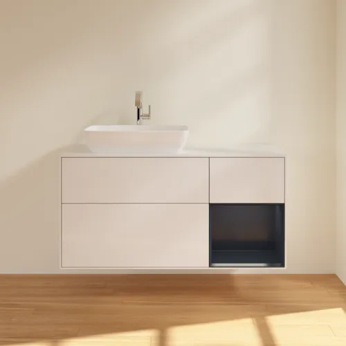VILLEROY BOCH Toaletní skříňka Finion, s osvětlením, 3 výsuvy, 1200 x 603 x 501 mm, lesklý bílý lak / půlnoční modrý matný lak / bílé matné sklo #F811HGGF, obrázek 3