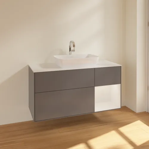VILLEROY BOCH Toaletní skříňka Finion, s osvětlením, 3 výsuvy, 1200 x 603 x 501 mm, antracit matný lak / lesklý bílý lak / sklo bílé matné #F831GFGK, obrázek 2