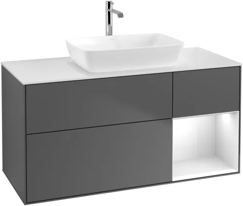 VILLEROY BOCH Toaletní skříňka Finion, s osvětlením, 3 výsuvy, 1200 x 603 x 501 mm, antracit matný lak / lesklý bílý lak / sklo bílé matné #F831GFGK, obrázek 1