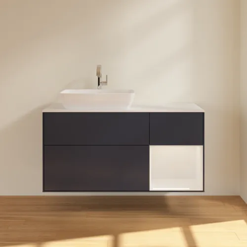VILLEROY BOCH Toaletní skříňka Finion, s osvětlením, 3 výsuvy, 1200 x 603 x 501 mm, Midnight Blue Matt Lacquer / Glossy White Lacquer / Glass White Matt #F811GFHG, obrázek 3