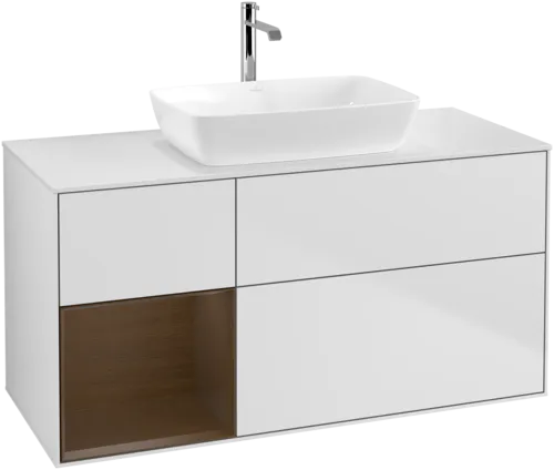 VILLEROY BOCH Toaletní skříňka Finion, s osvětlením, 3 výsuvy, 1200 x 603 x 501 mm, bílý matný lak / ořechová dýha / sklo bílé matné #F821GNMT, obrázek 1